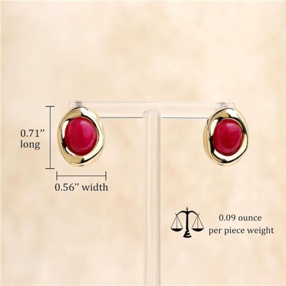 💖 Vintage Fuchsia Stud Earrings – Retro 14K Gold Plated Bezel Setting – Elegant - Picture 4 of 7